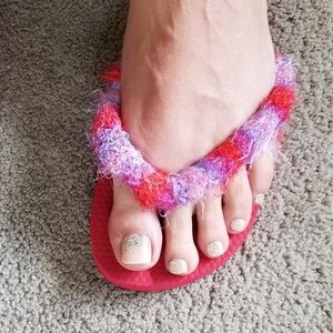 Handmade Soft Fuzzy Embellished Flip Flops Red